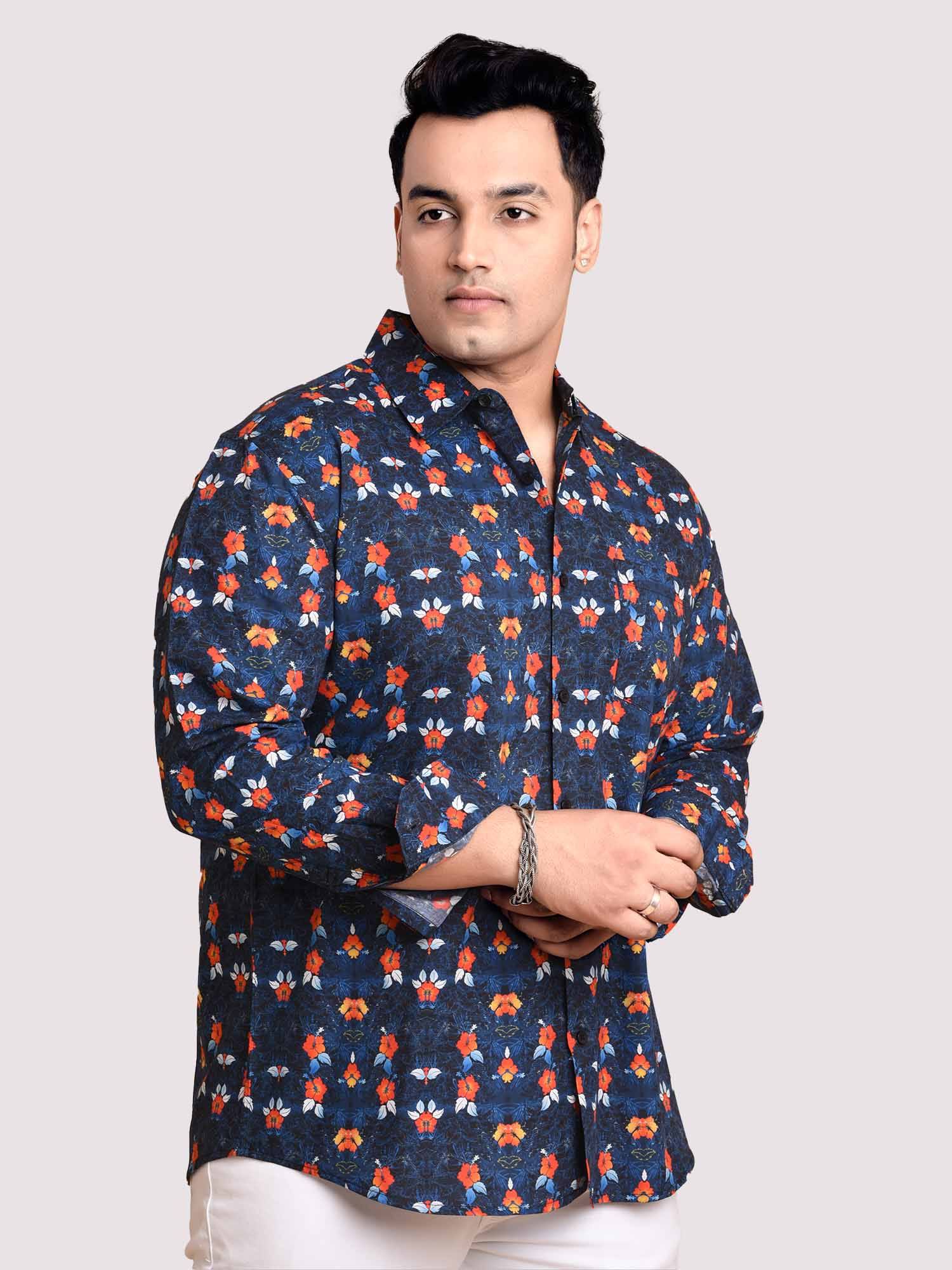 Flower On Navy Printed Cotton Full sleeve Men's Plus size - Guniaa Fashions