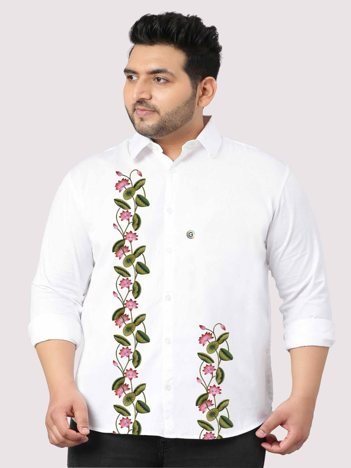 Flowers with Leaf Printed White Shirt Men's Plus Size - Guniaa Fashions