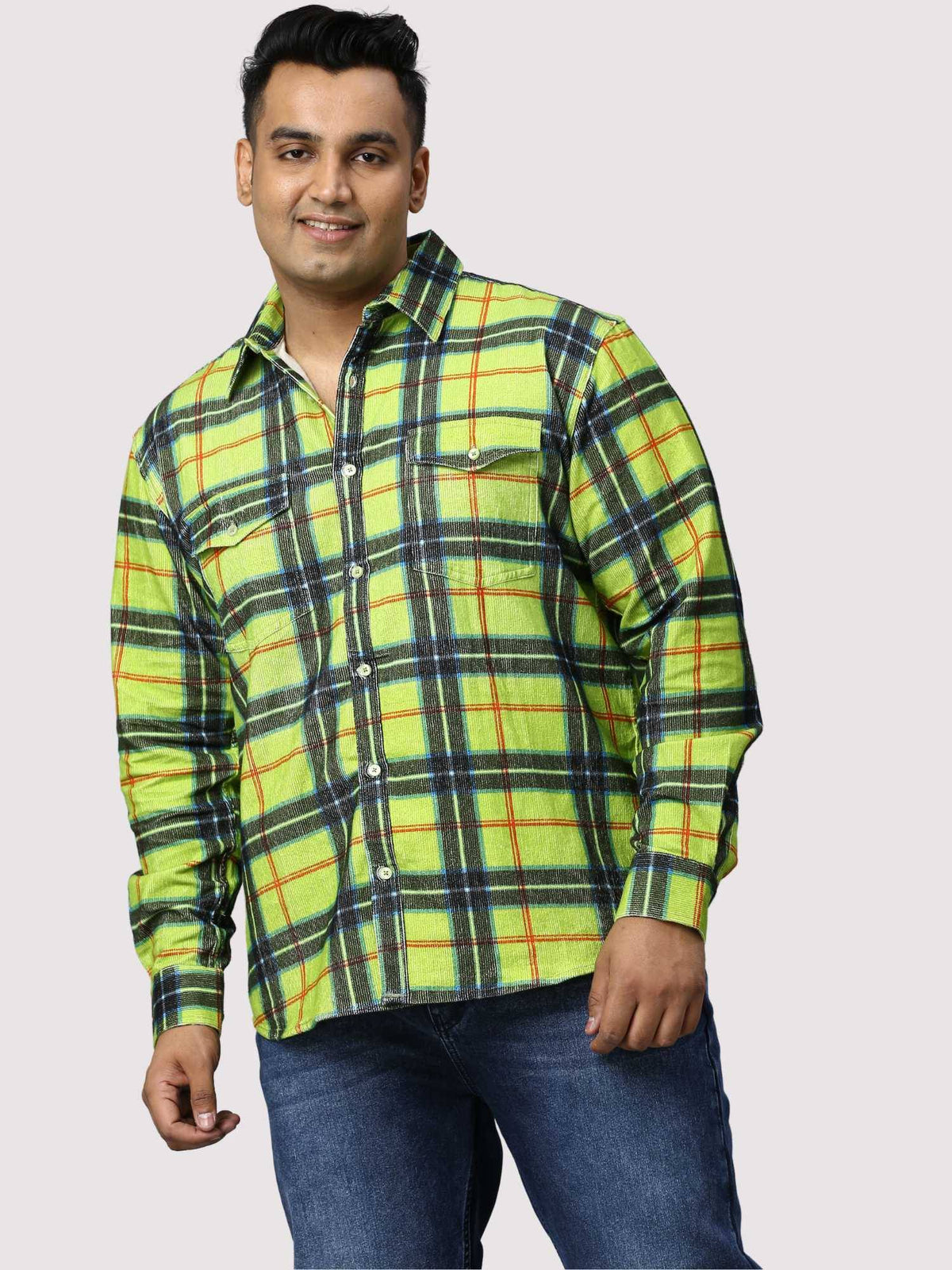Green Checkered Double Pocket Full Shirt Men's Plus Size - Guniaa Fashions