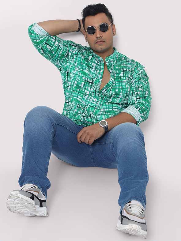 Green Mozaic Printed Chinese Collar Men's Plus Size Full Shirt - Guniaa Fashions