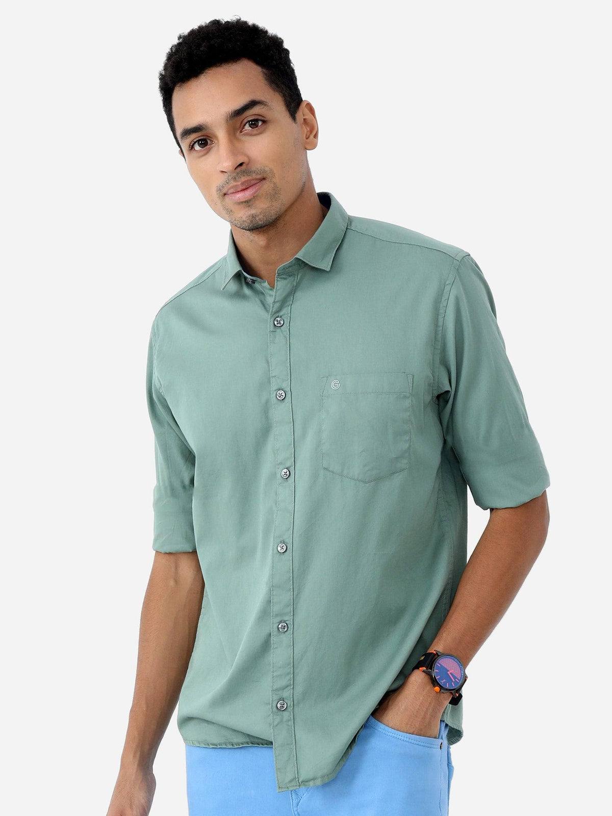 Green Solid Cotton Full Sleeve Shirt - Guniaa Fashions