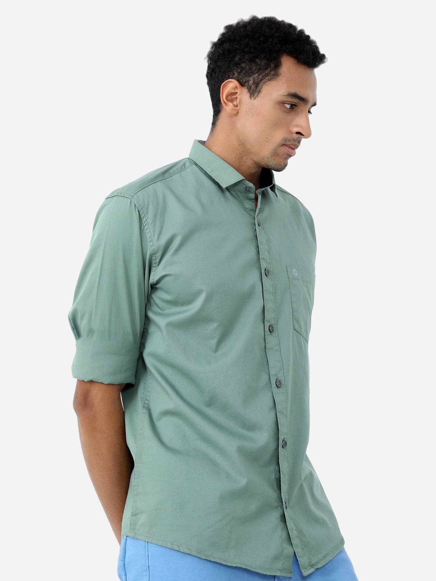 Green Solid Cotton Full Sleeve Shirt - Guniaa Fashions