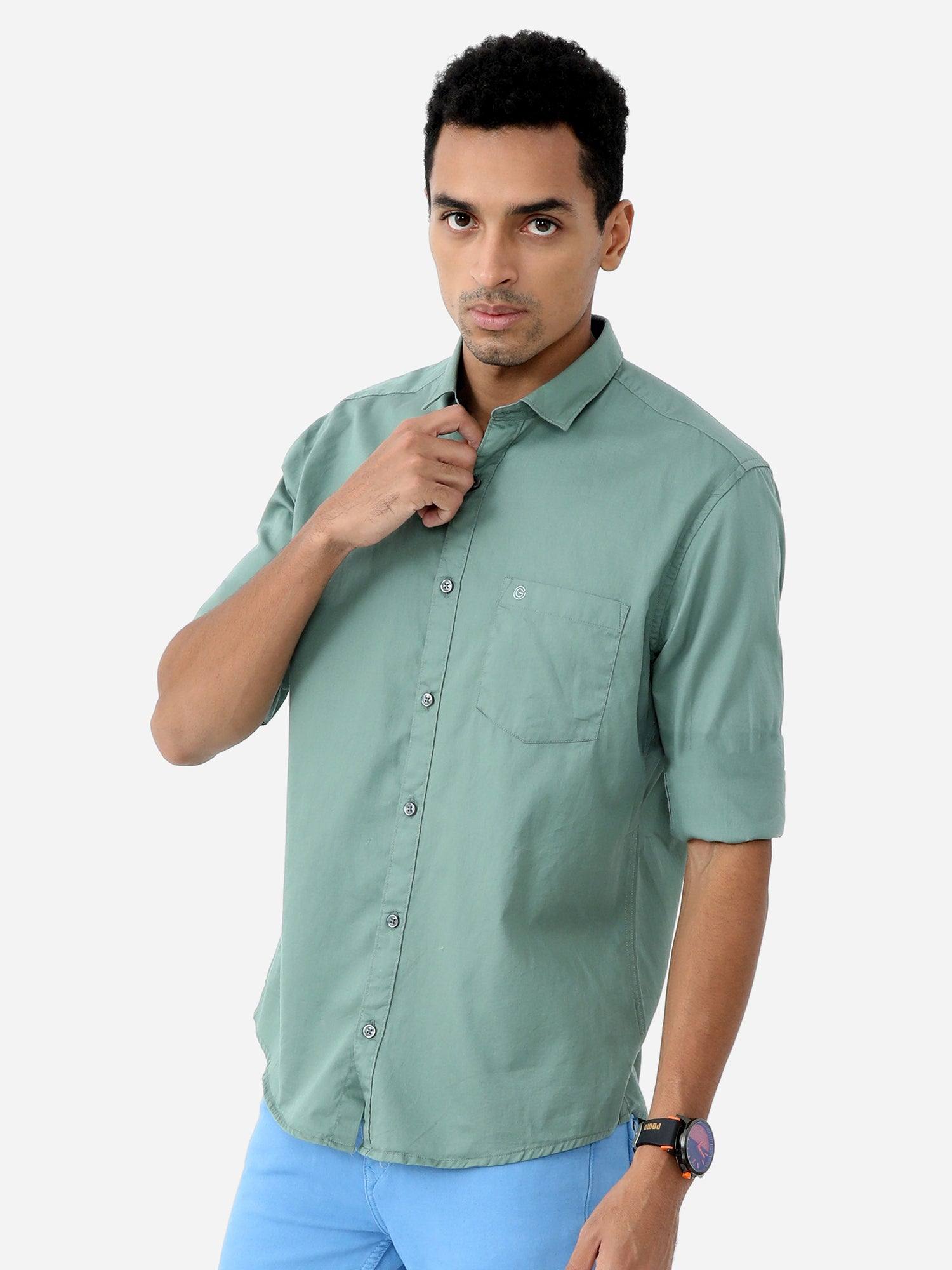 Green Solid Cotton Full Sleeve Shirt - Guniaa Fashions