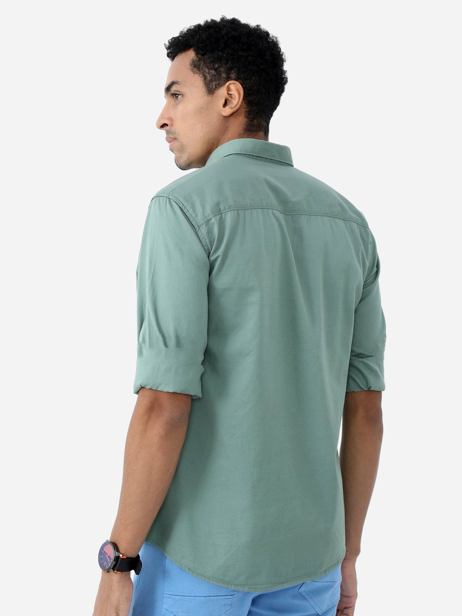 Green Solid Cotton Full Sleeve Shirt - Guniaa Fashions