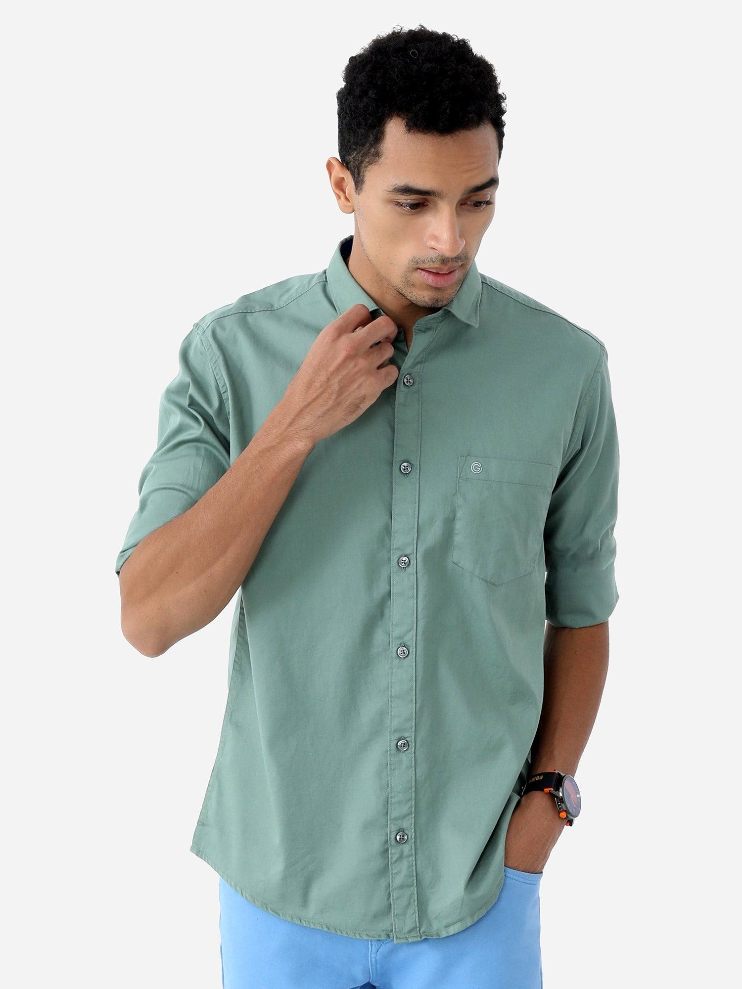 Green Solid Cotton Full Sleeve Shirt - Guniaa Fashions