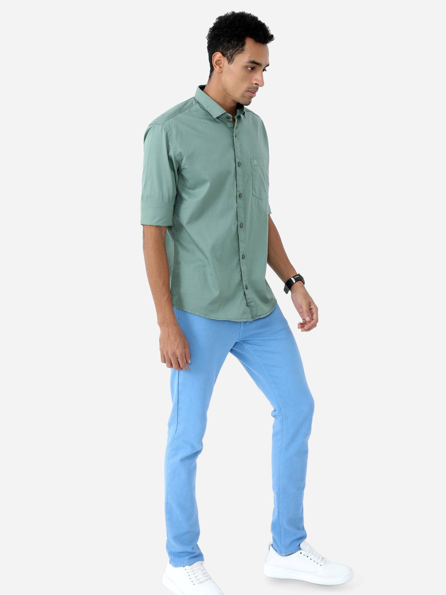 Green Solid Cotton Full Sleeve Shirt - Guniaa Fashions