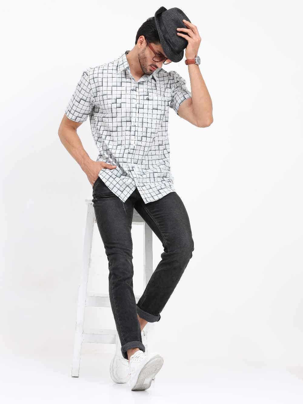 Grey Checks Printed Half Sleeve Shirt - Guniaa Fashions