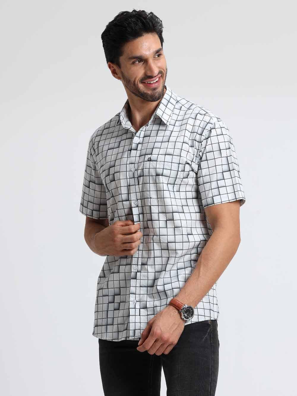 Grey Checks Printed Half Sleeve Shirt - Guniaa Fashions