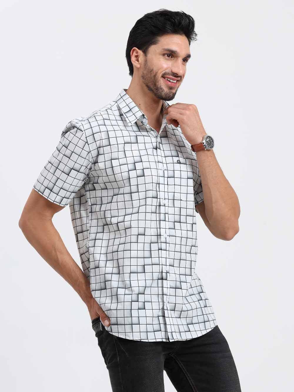 Grey Checks Printed Half Sleeve Shirt - Guniaa Fashions