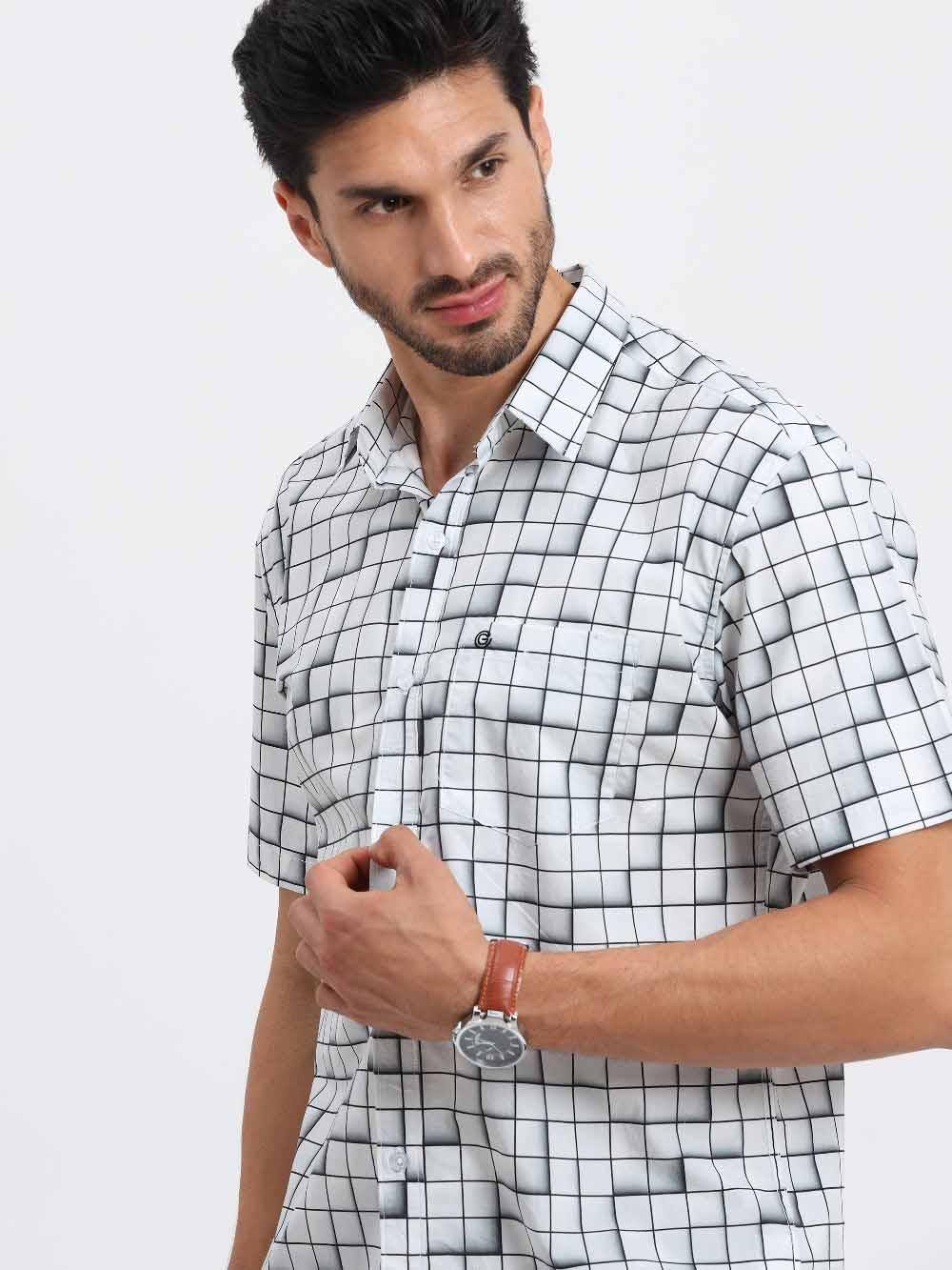 Grey Checks Printed Half Sleeve Shirt - Guniaa Fashions