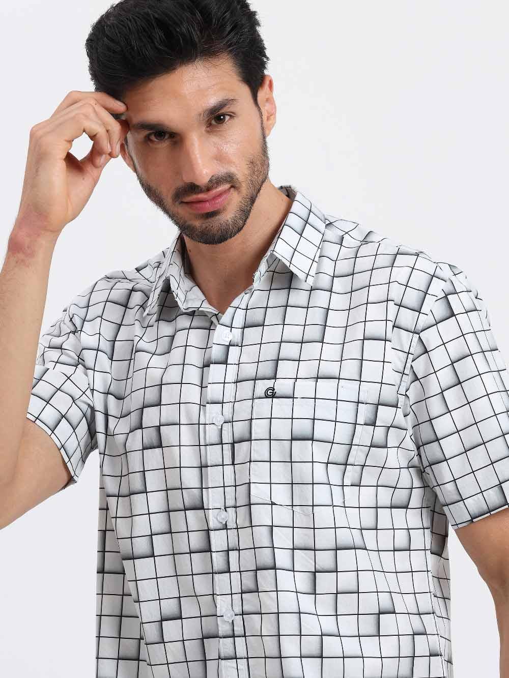 Grey Checks Printed Half Sleeve Shirt - Guniaa Fashions