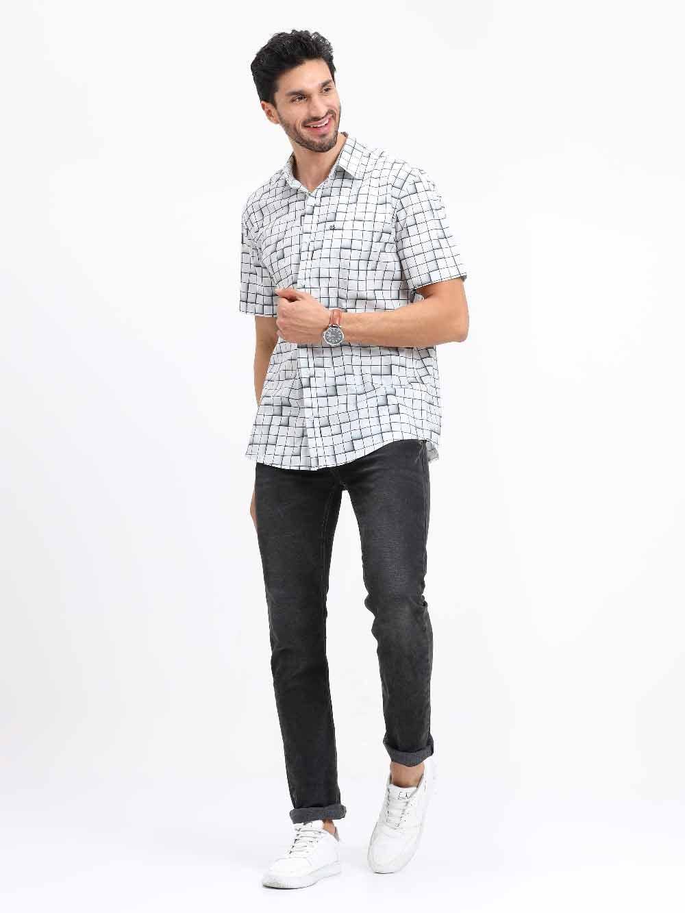 Grey Checks Printed Half Sleeve Shirt - Guniaa Fashions