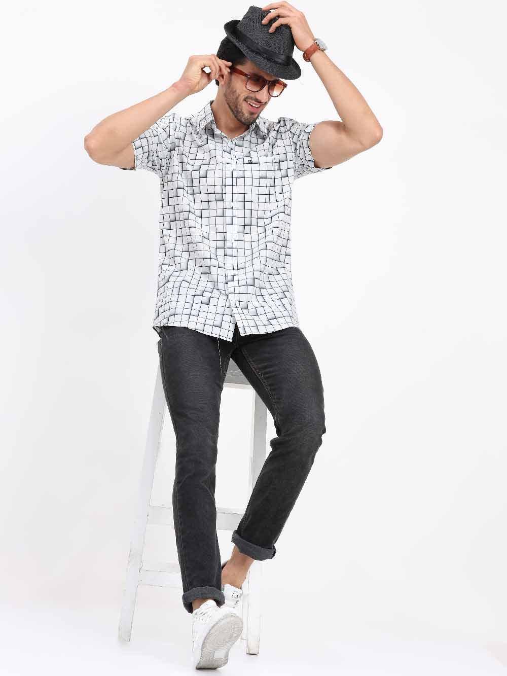 Grey Checks Printed Half Sleeve Shirt - Guniaa Fashions