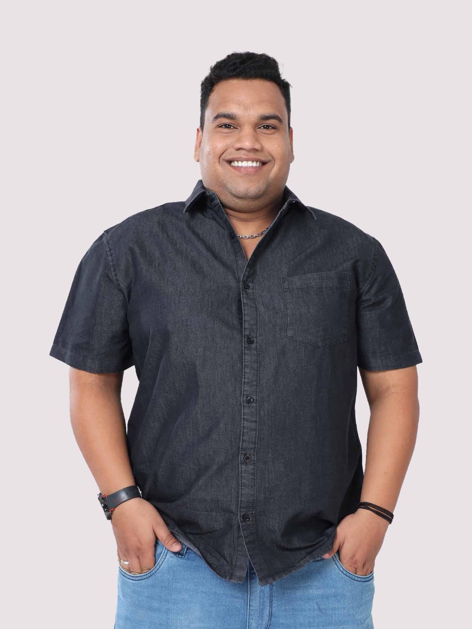 Grey Denim Single Pocket Half Sleeve Shirt Men's Plus Size - Guniaa Fashions