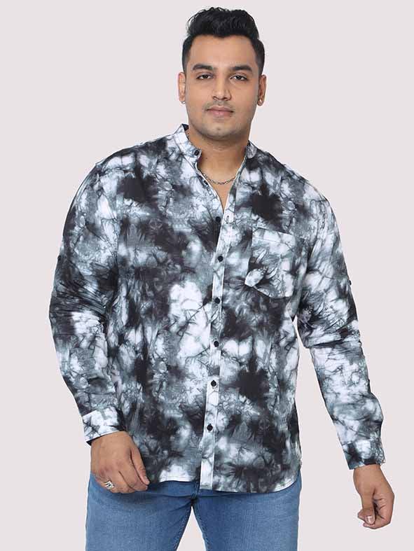 Grey Tie Dye Texture Chinese Collar Men's Plus Size Full Shirt - Guniaa Fashions