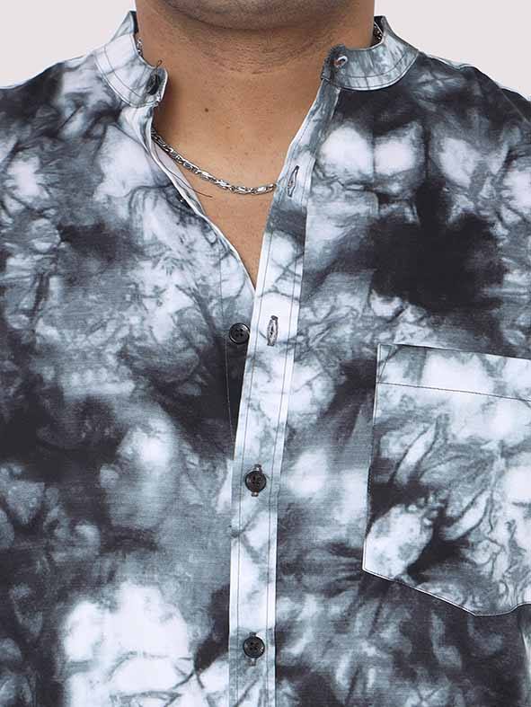 Grey Tie Dye Texture Chinese Collar Men's Plus Size Full Shirt - Guniaa Fashions