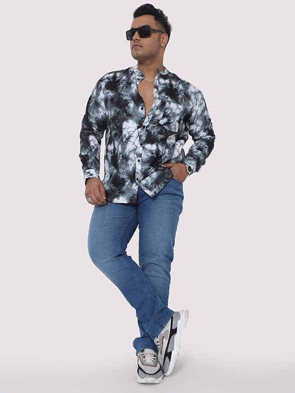 Grey Tie Dye Texture Chinese Collar Men's Plus Size Full Shirt - Guniaa Fashions