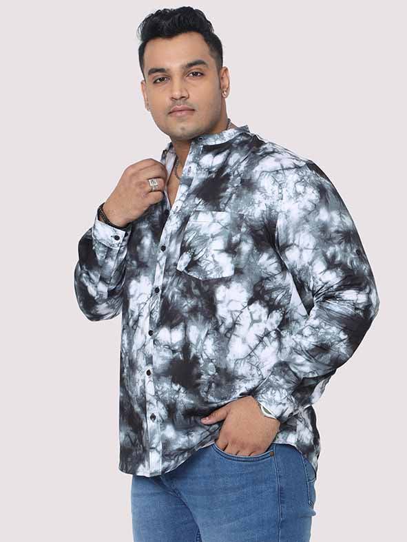 Grey Tie Dye Texture Chinese Collar Men's Plus Size Full Shirt - Guniaa Fashions