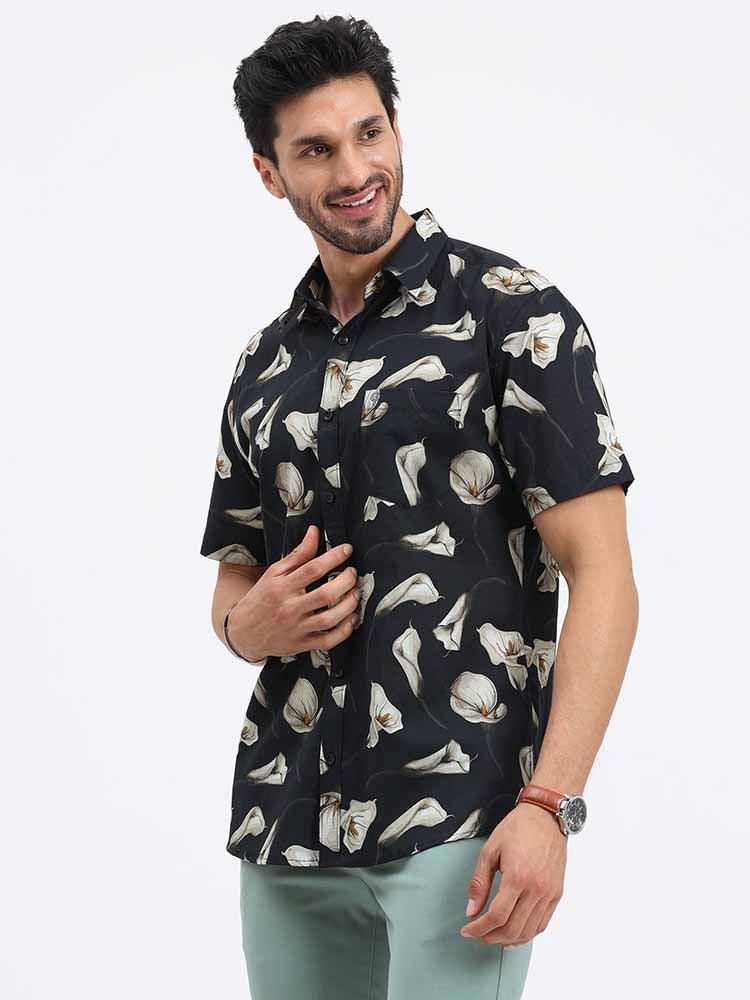 Heavenly Flower on Black Sky Printed Half Sleeve Shirt - Guniaa Fashions