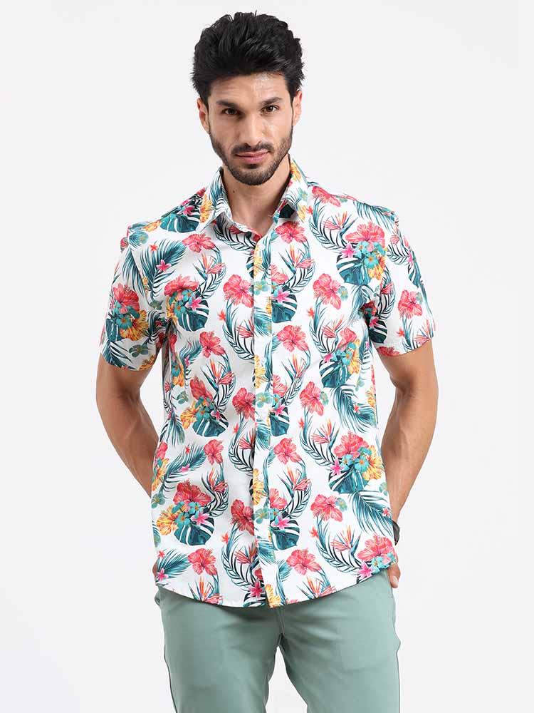 Hibiscus Tropic Printed Half Sleeve Shirt - Guniaa Fashions