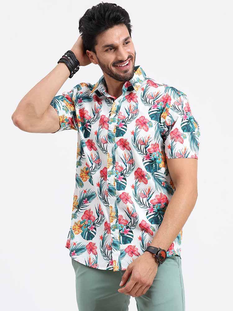 Hibiscus Tropic Printed Half Sleeve Shirt - Guniaa Fashions