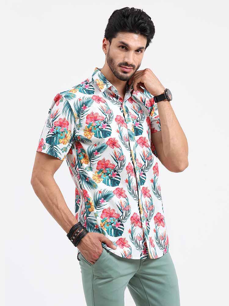 Hibiscus Tropic Printed Half Sleeve Shirt - Guniaa Fashions