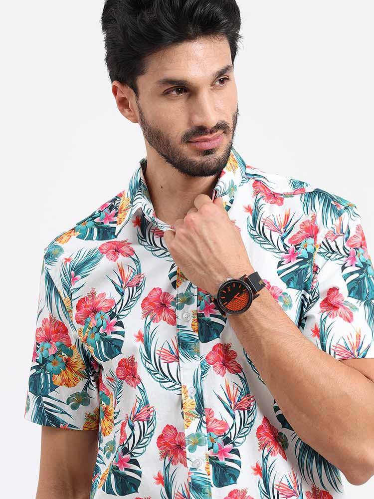 Hibiscus Tropic Printed Half Sleeve Shirt - Guniaa Fashions