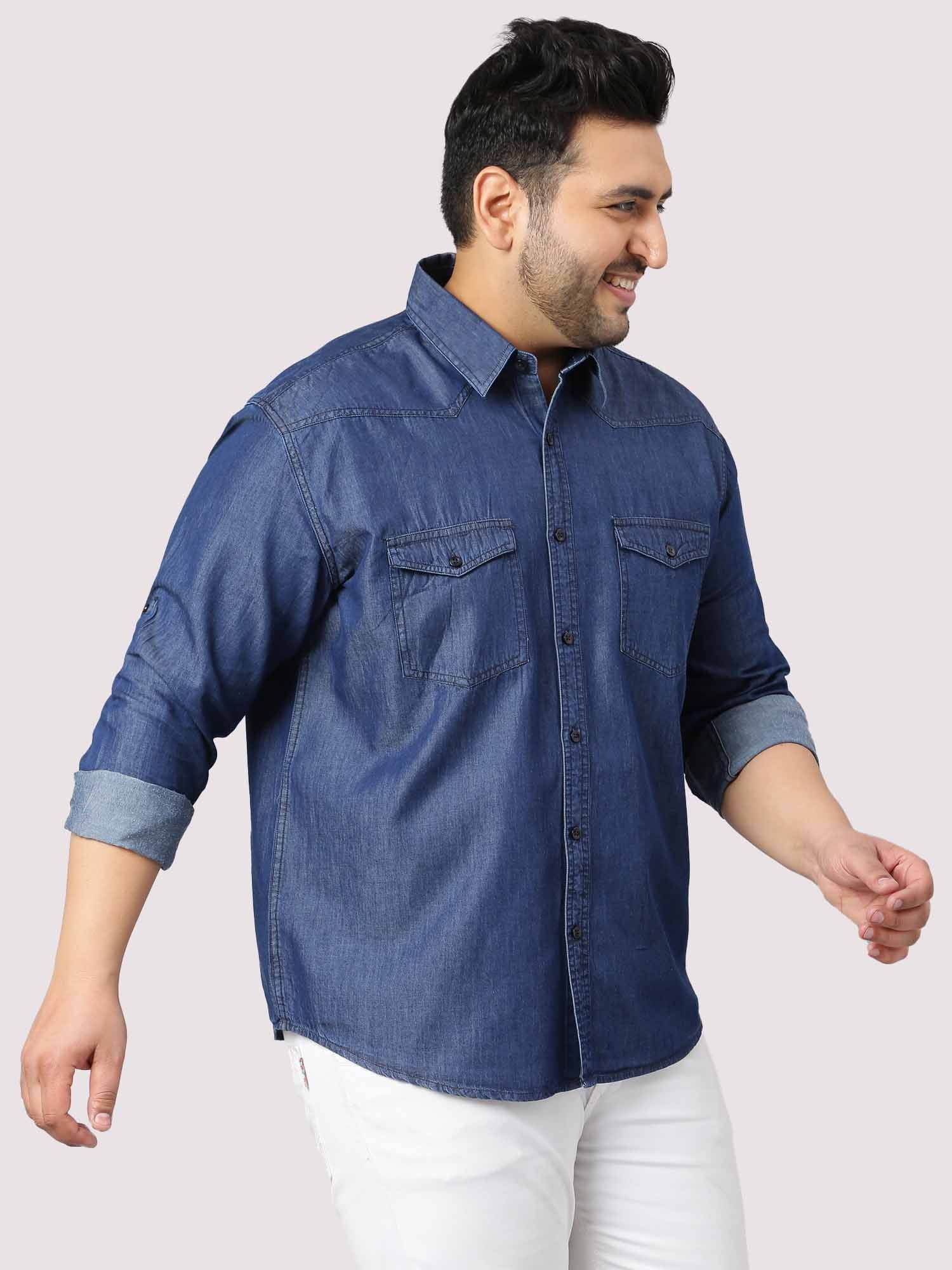 Indigo Denim Double Pocket Full Sleeve Shirt Men's Plus Size - Guniaa Fashions