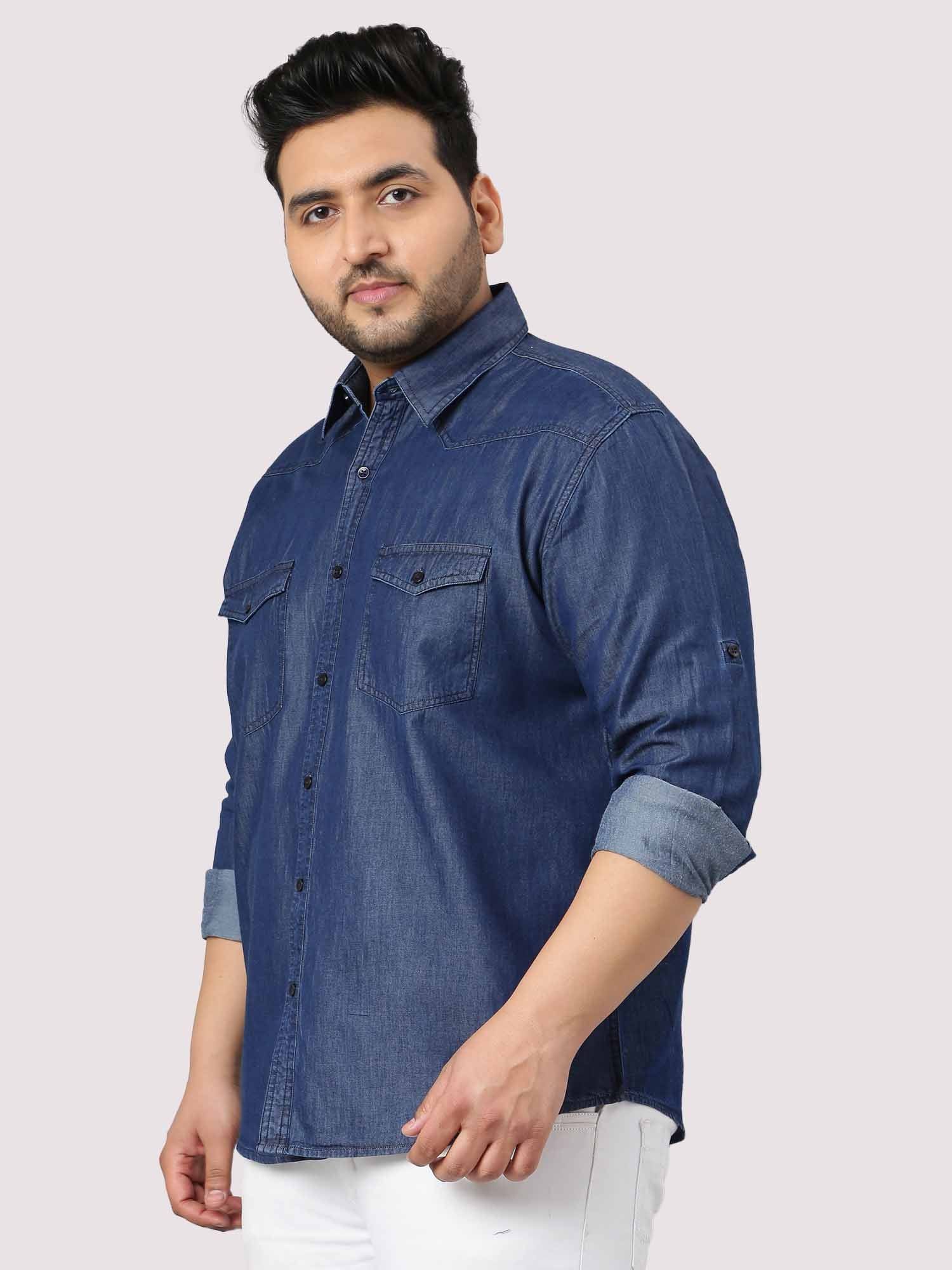 Indigo Denim Double Pocket Full Sleeve Shirt Men's Plus Size - Guniaa Fashions