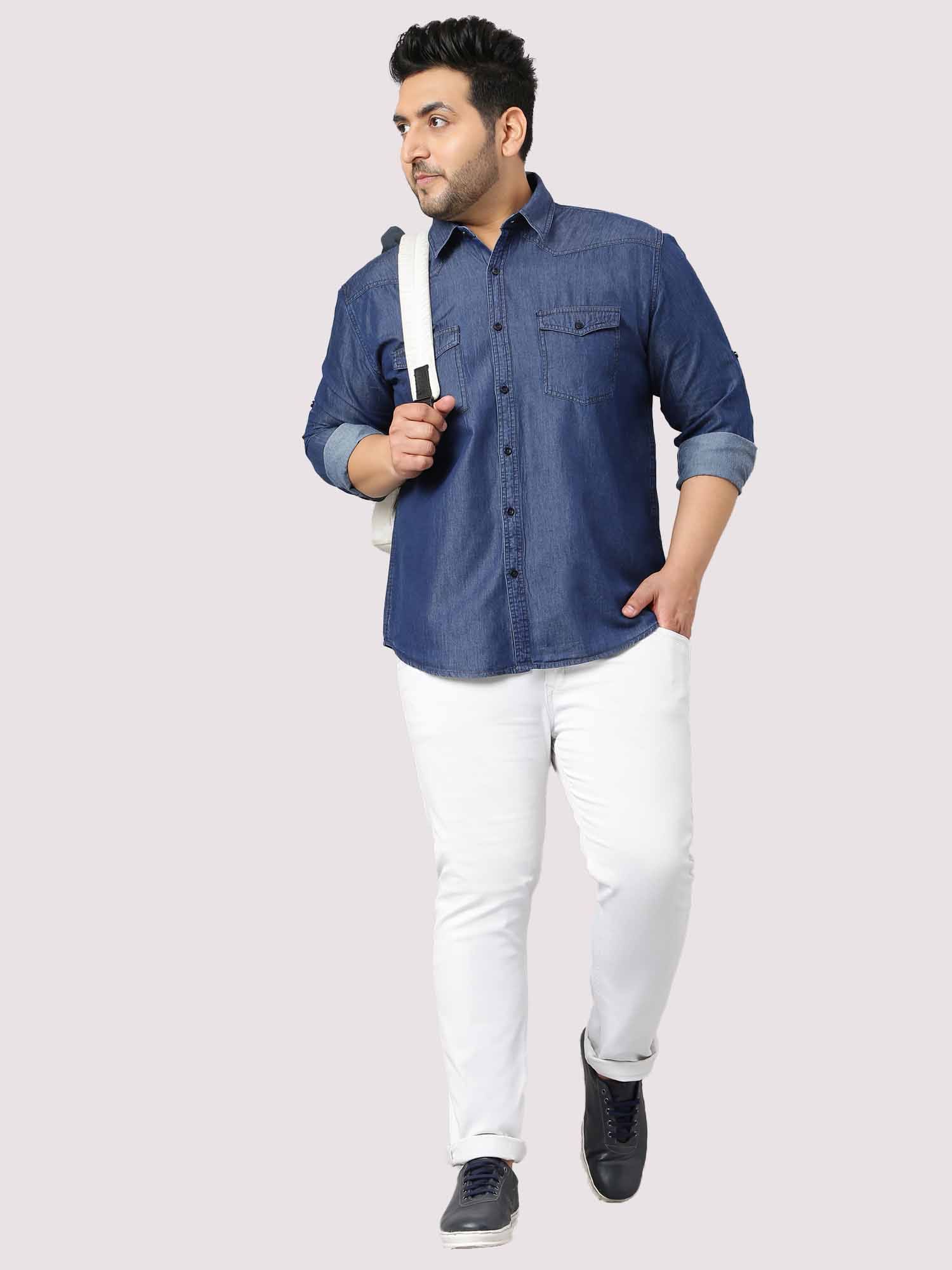 Indigo Denim Double Pocket Full Sleeve Shirt Men's Plus Size - Guniaa Fashions