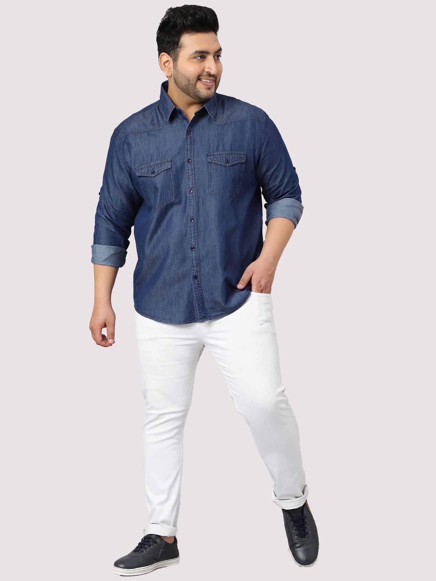 Indigo Denim Double Pocket Full Sleeve Shirt Men's Plus Size - Guniaa Fashions