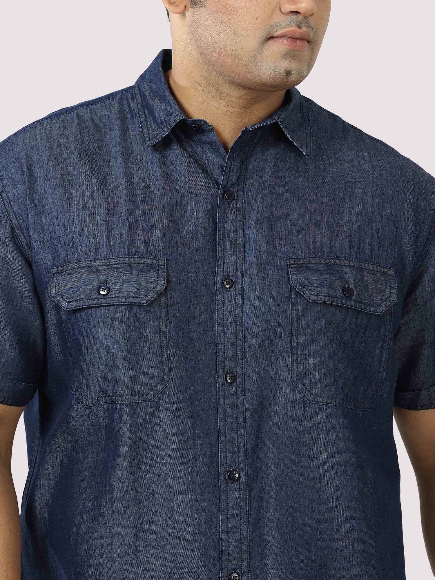 Indigo Denim Double Pocket Half Sleeve Shirt Men's Plus Size - Guniaa Fashions