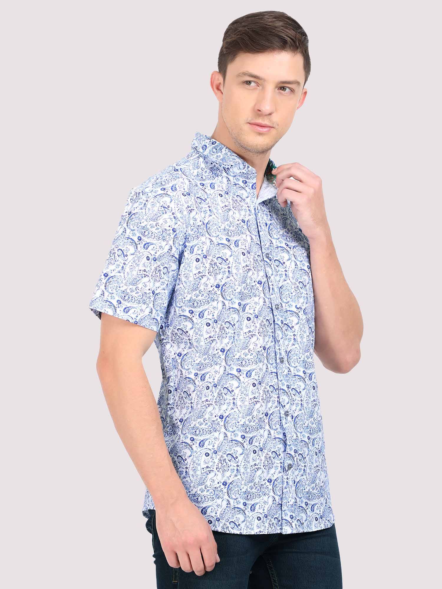 Indigo Paisley Digital Printed Half Shirt - Guniaa Fashions