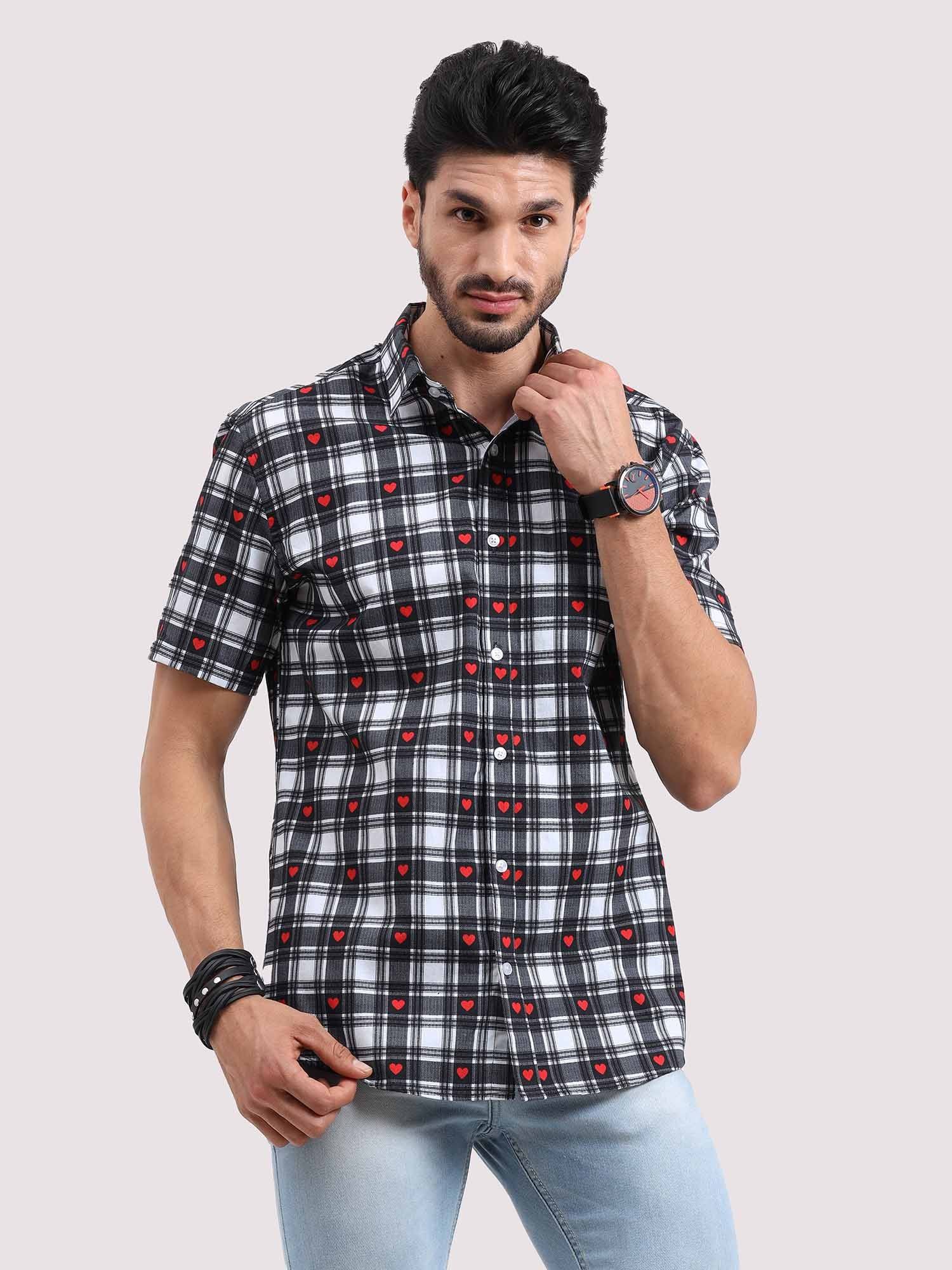 Las Vegas Black Checks With Heart Half Sleeve Shirt - Guniaa Fashions