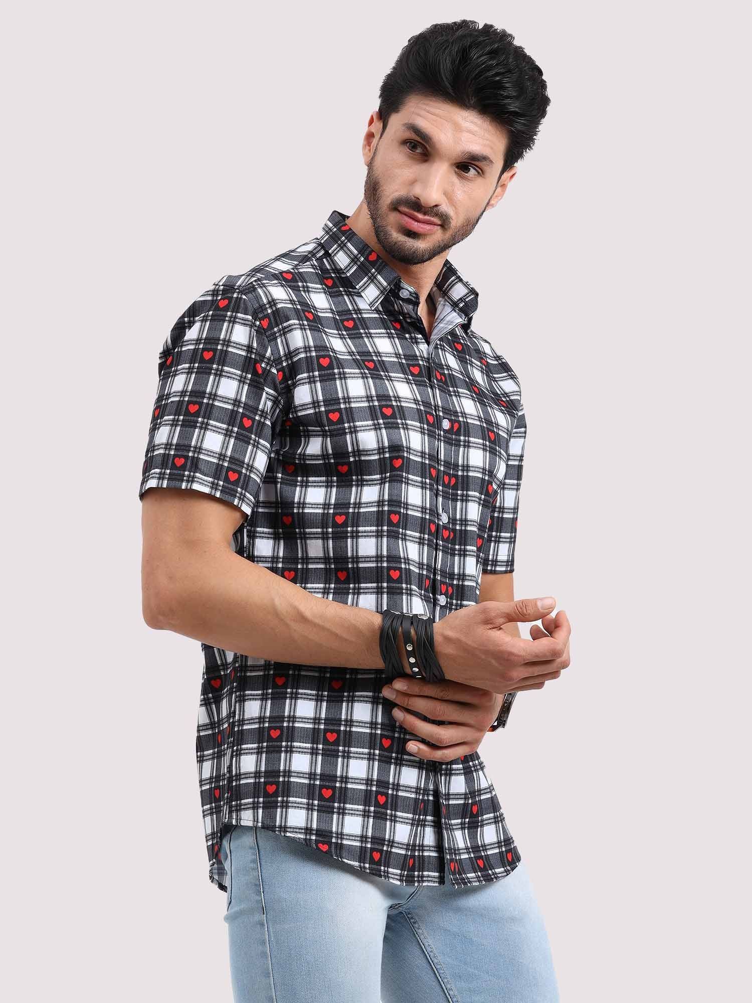 Las Vegas Black Checks With Heart Half Sleeve Shirt - Guniaa Fashions