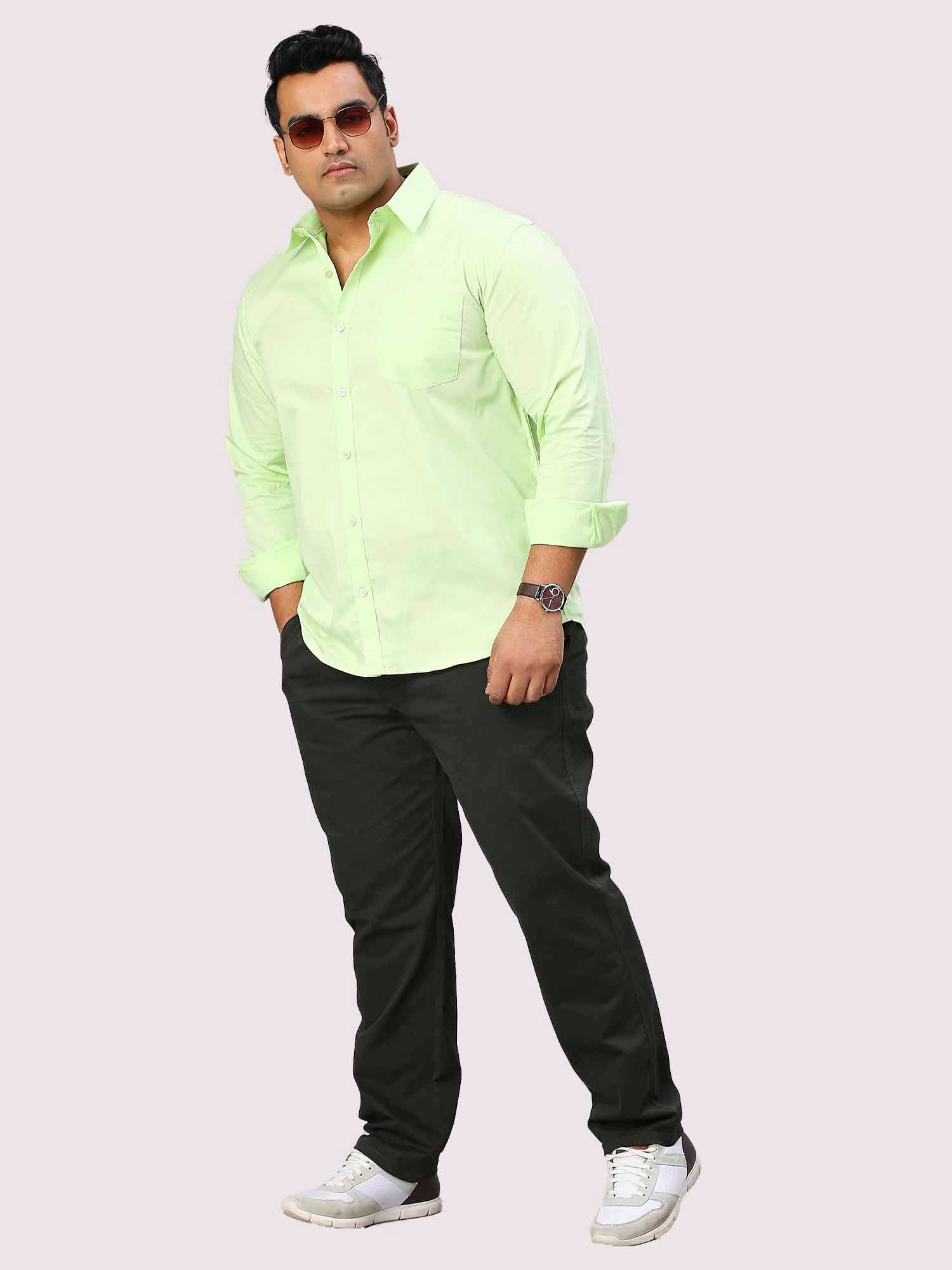 Lemon Green Solid Pure Cotton Full Sleeve Shirt Men's Plus Size - Guniaa Fashions
