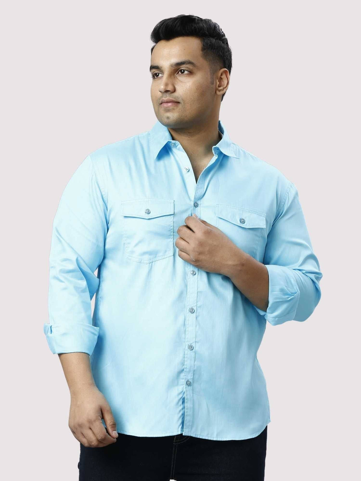 Light Blue Pure Cotton Double Pocket Full Sleeve Shirt Men's Plus Size - Guniaa Fashions