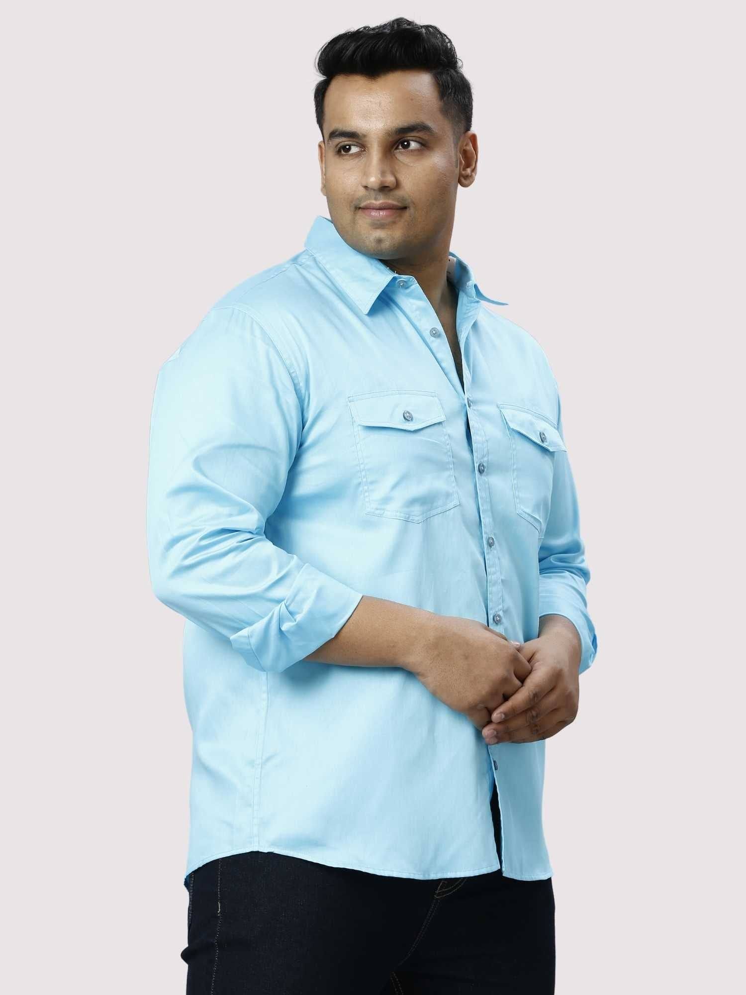 Light Blue Pure Cotton Double Pocket Full Sleeve Shirt Men's Plus Size - Guniaa Fashions