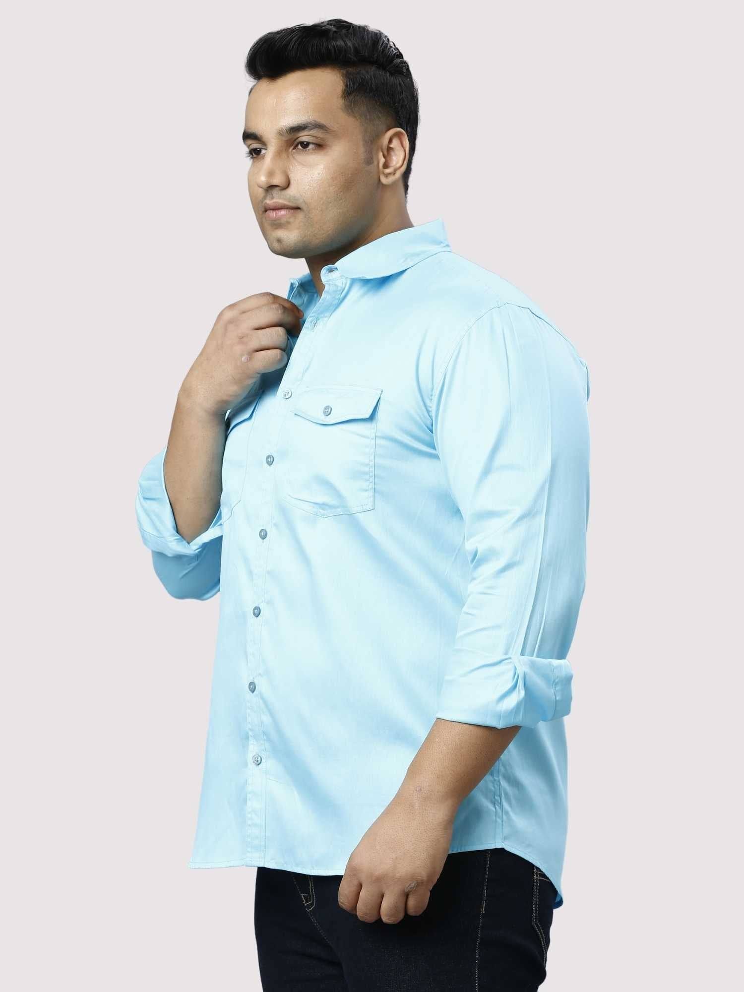 Light Blue Pure Cotton Double Pocket Full Sleeve Shirt Men's Plus Size - Guniaa Fashions