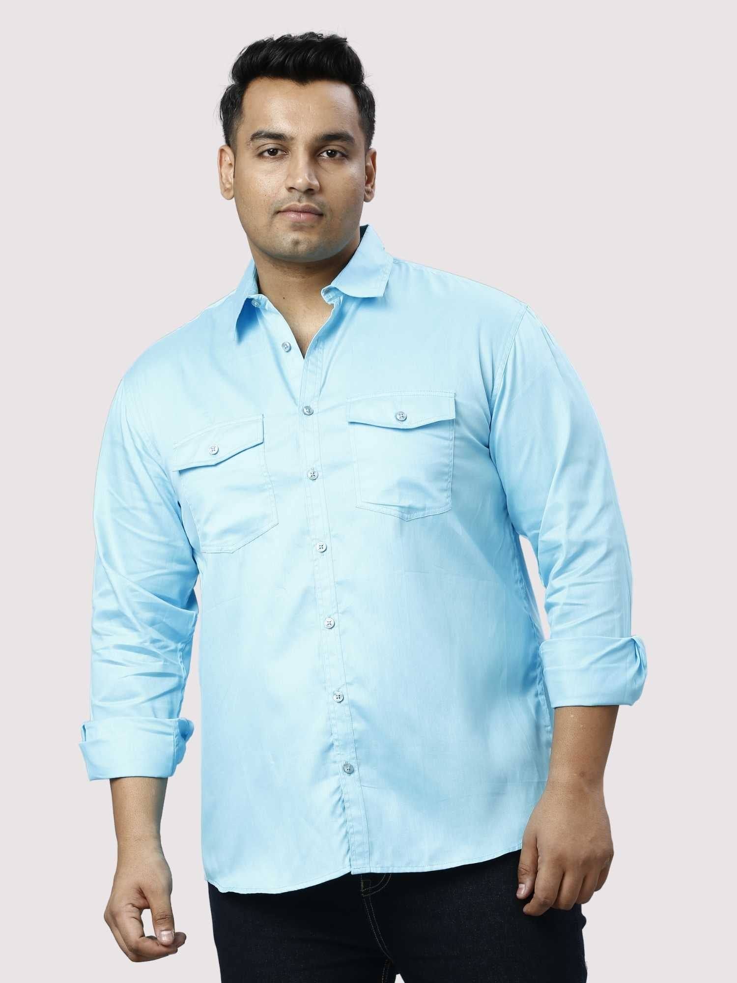 Light Blue Pure Cotton Double Pocket Full Sleeve Shirt Men's Plus Size - Guniaa Fashions