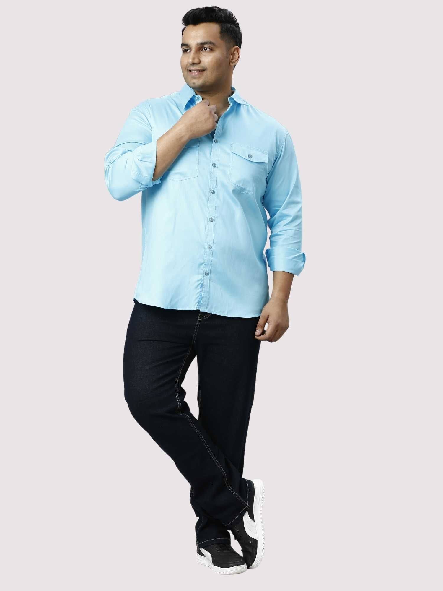 Light Blue Pure Cotton Double Pocket Full Sleeve Shirt Men's Plus Size - Guniaa Fashions