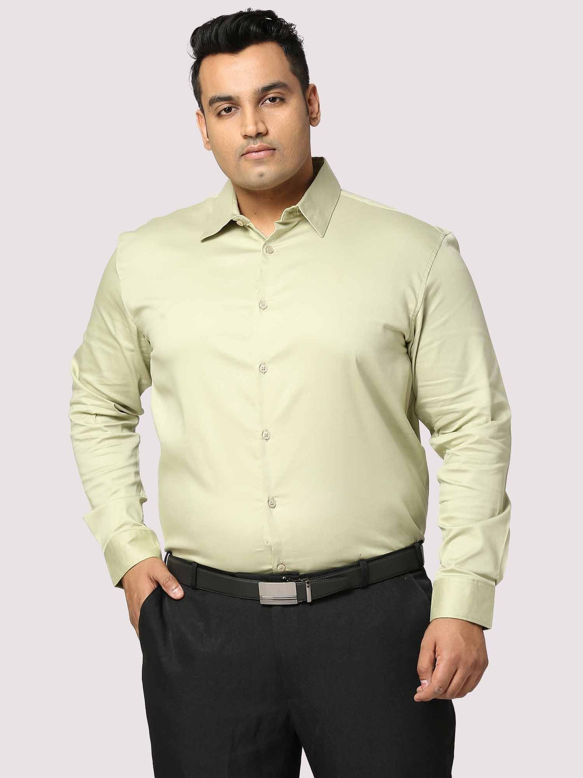 Light Green Solid Stretchable Cotton Shirt Men's Plus Size - Guniaa Fashions