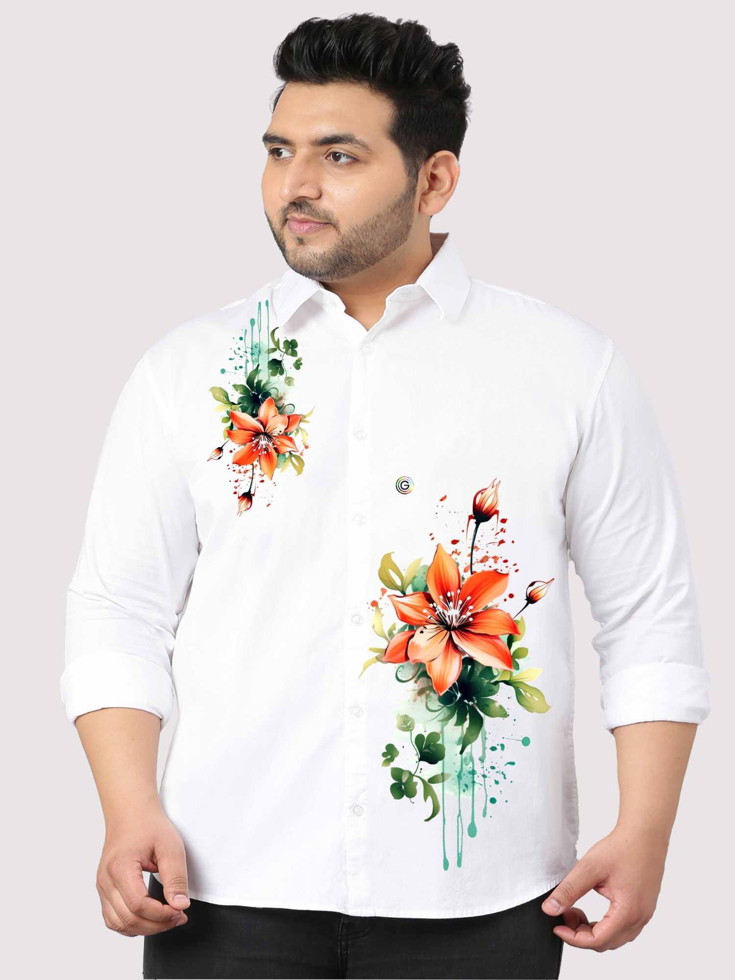 Lily Petals Printed White Shirt Men's Plus Size - Guniaa Fashions