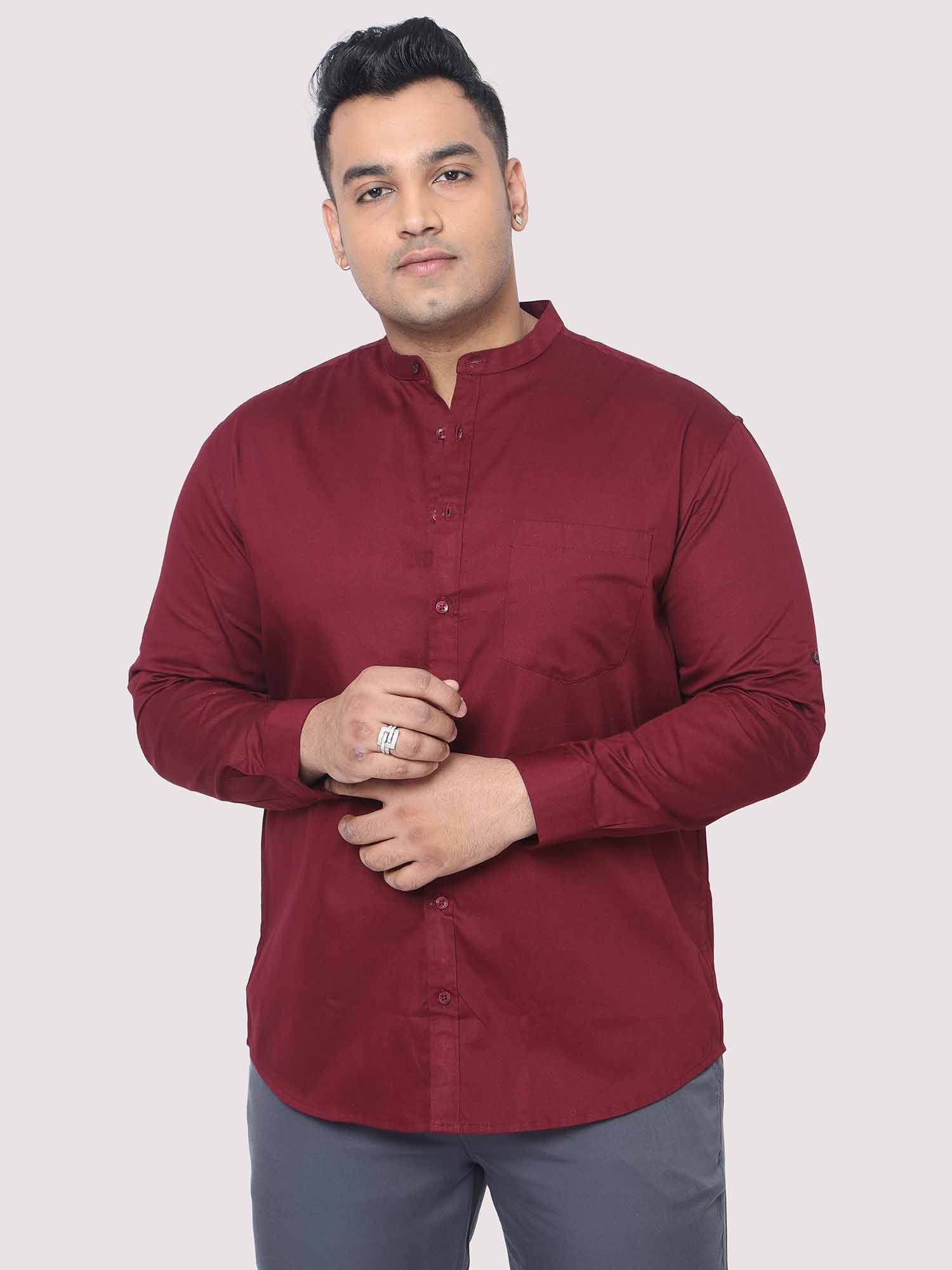 Maroon Mandarin Collar Men's Plus Size Cotton Full Shirt - Guniaa Fashions