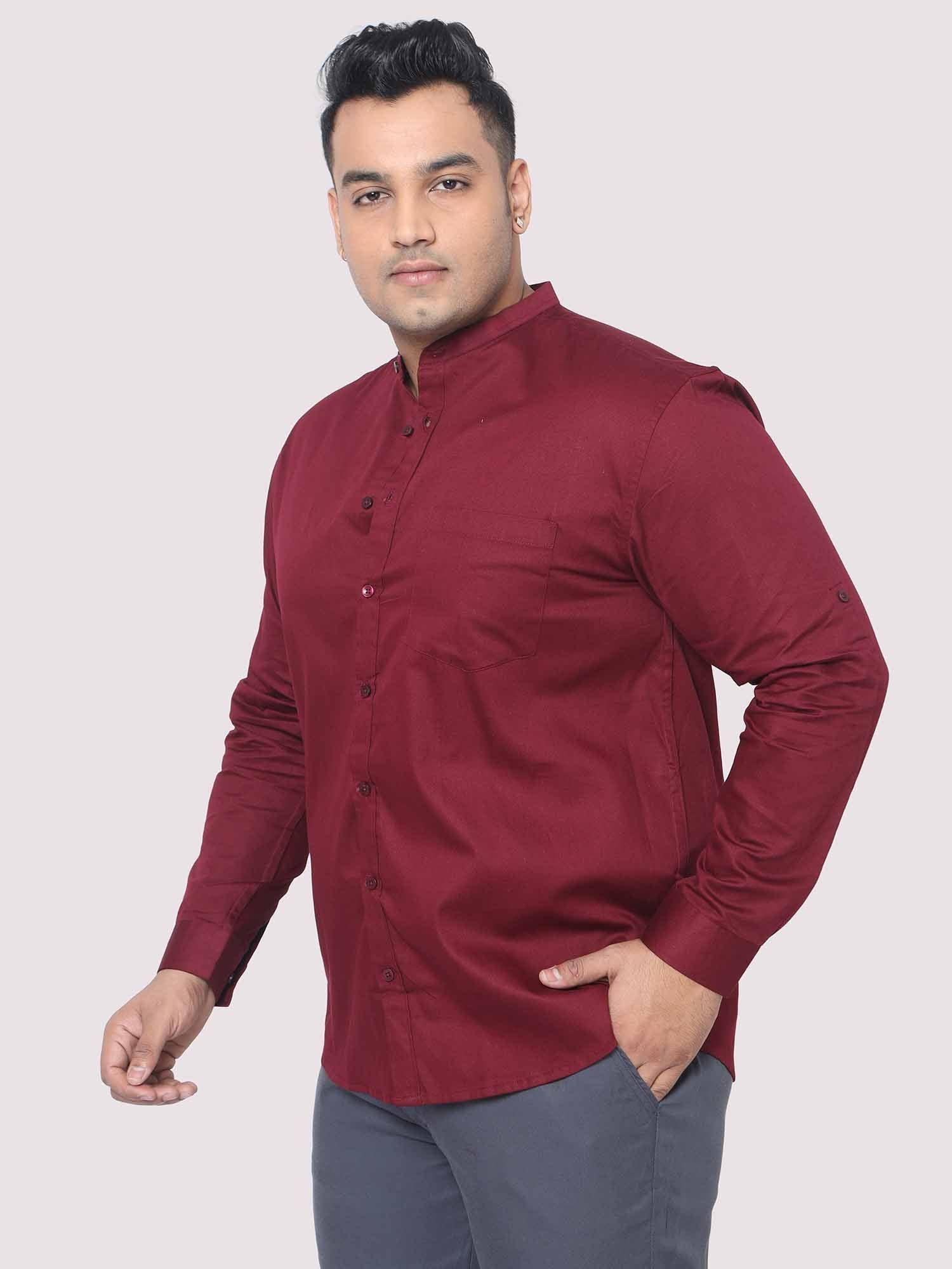 Maroon Mandarin Collar Men's Plus Size Cotton Full Shirt - Guniaa Fashions