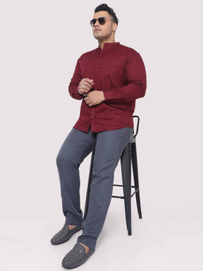 Maroon Mandarin Collar Men's Plus Size Cotton Full Shirt - Guniaa Fashions