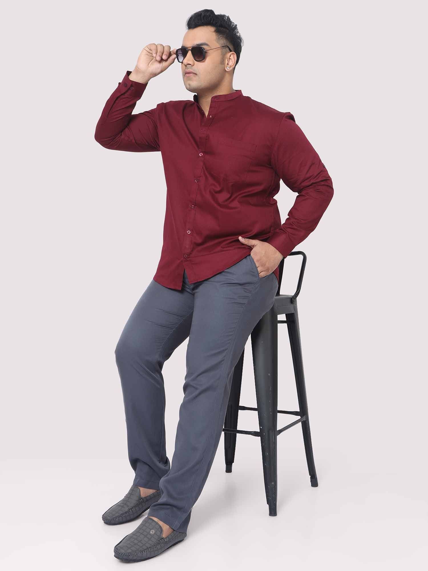 Maroon Mandarin Collar Men's Plus Size Cotton Full Shirt - Guniaa Fashions
