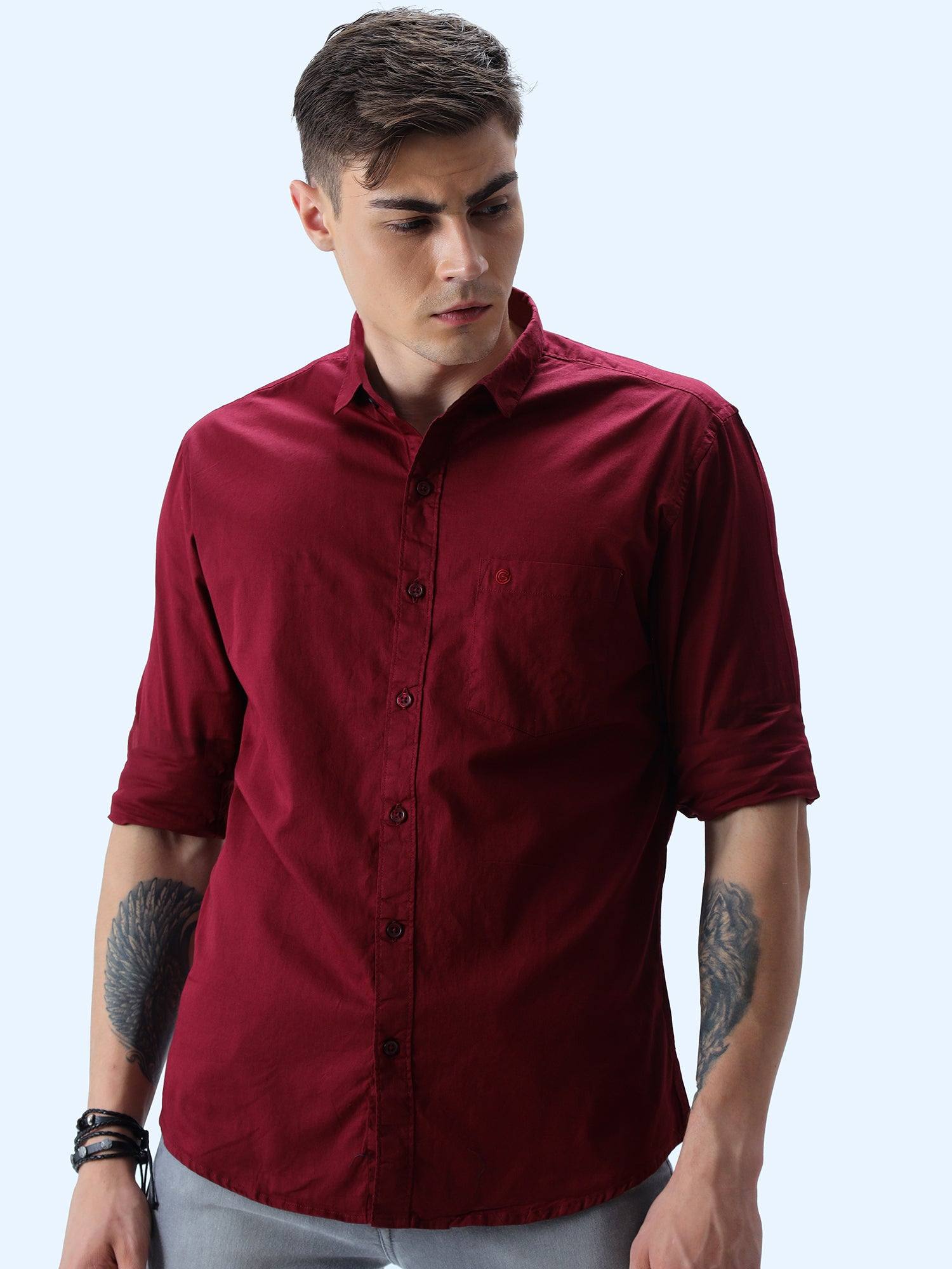 Maroon Solid Cotton Full Sleeve Shirt - Guniaa Fashions