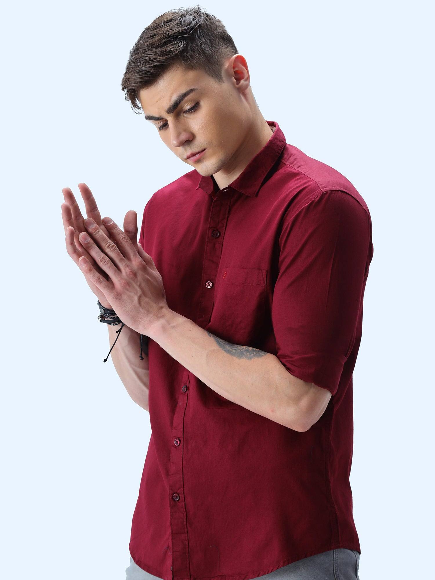 Maroon Solid Cotton Full Sleeve Shirt - Guniaa Fashions