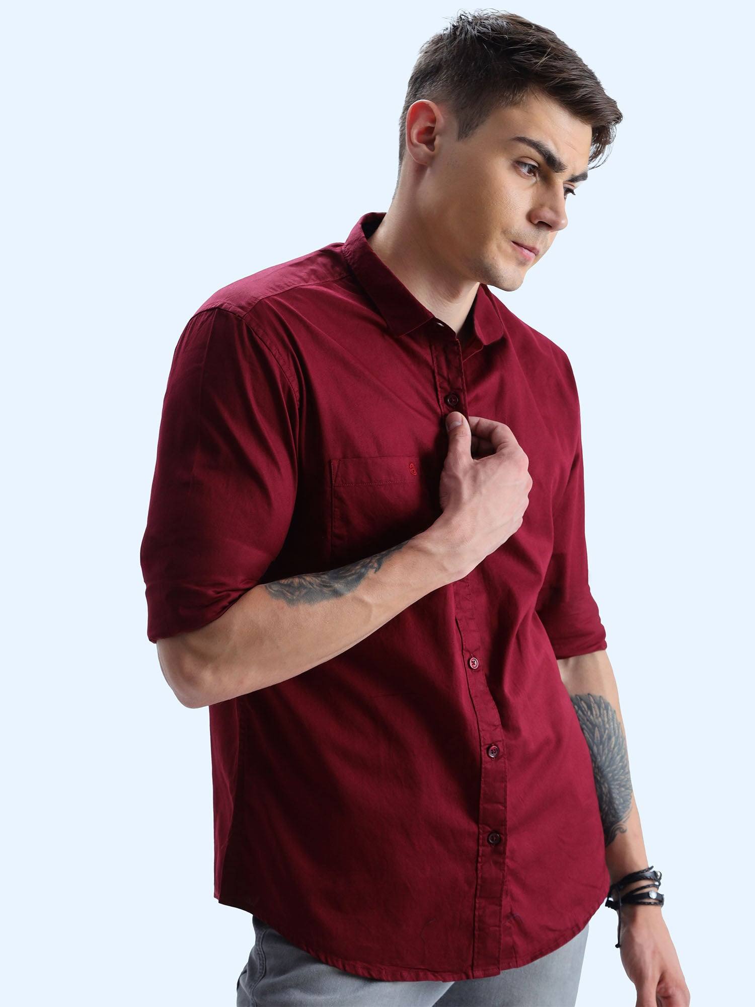 Maroon Solid Cotton Full Sleeve Shirt - Guniaa Fashions